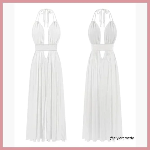 Rayon Cotton Boho Maxi Dress Sleeveless Halter Backless Slit - Picture 5 of 6